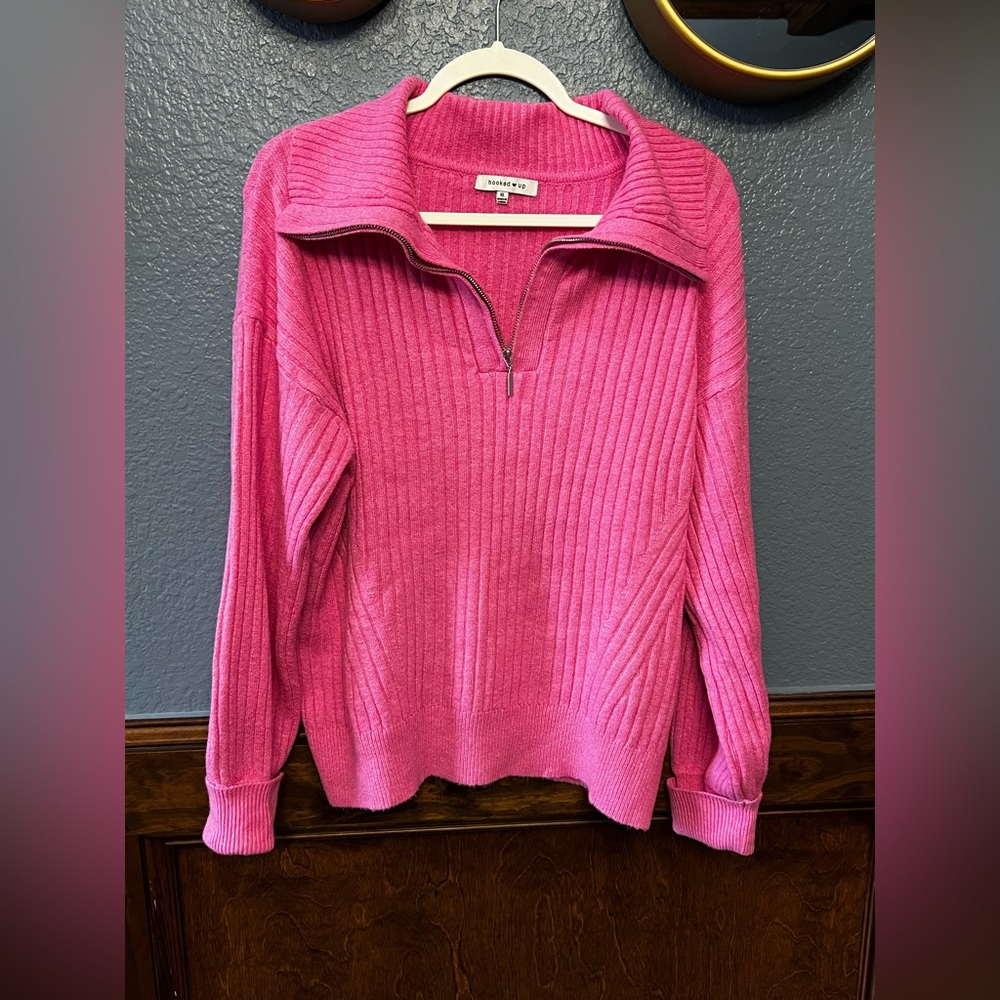 Hooked Up by IOT Women’s Hot Pink Half Zip Sweater